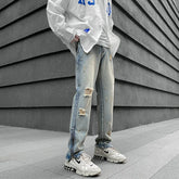 Threebooy Hole Ripped Washed Vintage Men Hip Hop Jeans Trousers West Ankle Zipper Punk Distressed Male Denim Pants